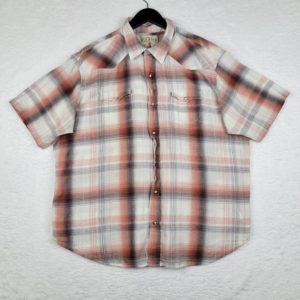 Redhead Shirt Mens 2XL Orange White Short Sleeve Button Up Plaid